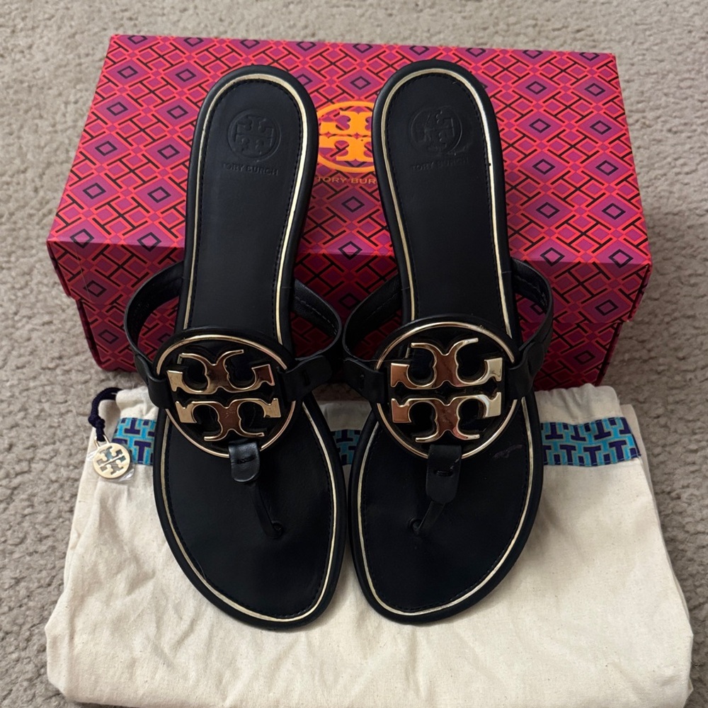 Tory Burch Black Sandals with Gold Emblem